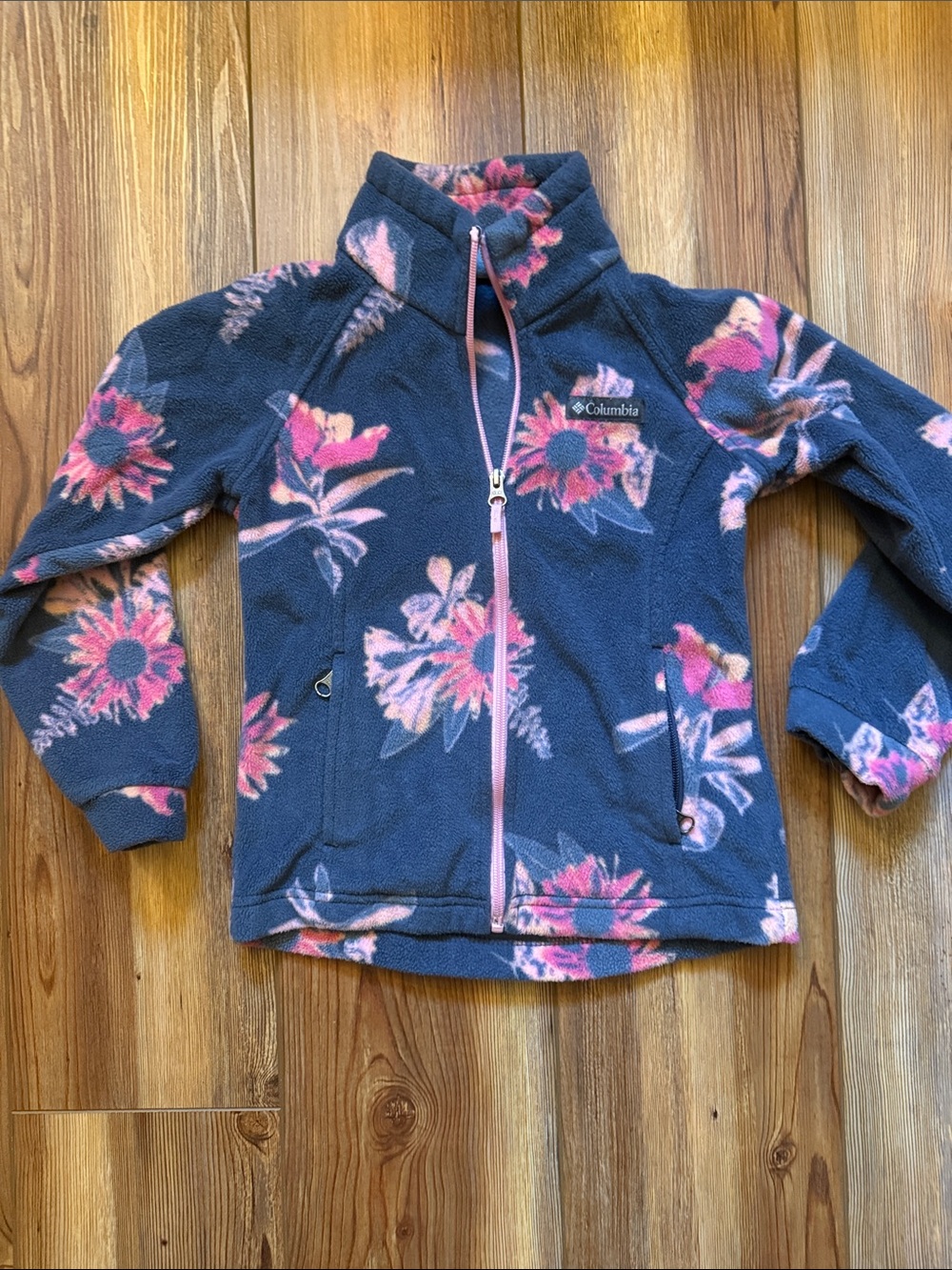 Columbia Navy Fleece Jacket with Pink Floral Print - Girls XS